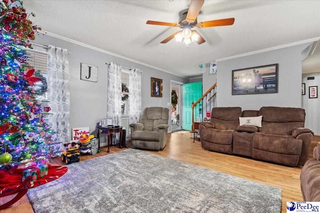 living room with ornamental molding, hardwood / wood-style floors, a textured ceiling, and ceiling fan