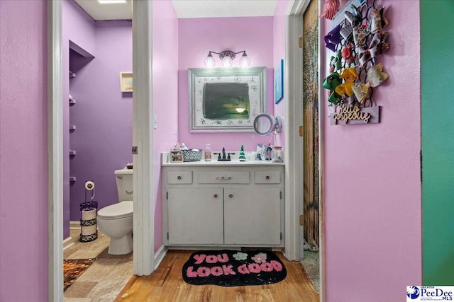 bathroom with vanity, wood-type flooring, and toilet