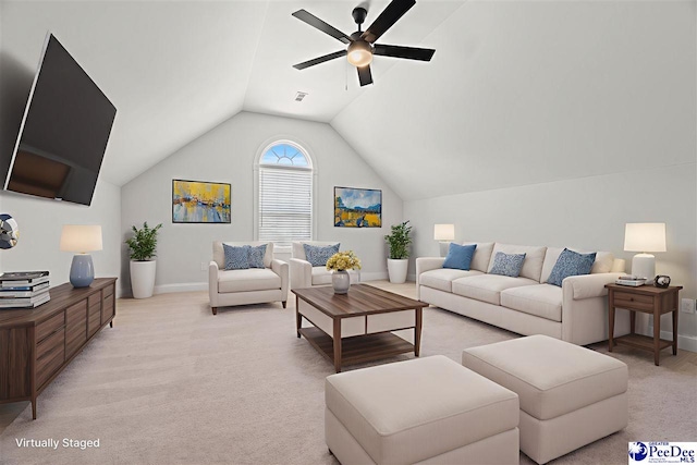 716 Lindsey Dr, Florence, SC 29501 - living room featuring ceiling fan, lofted ceiling, light carpet, and baseboards