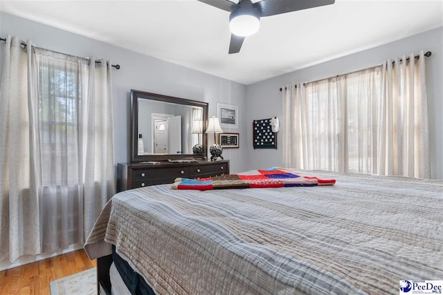 bedroom featuring wood finished floors, ceiling fan, and multiple windows