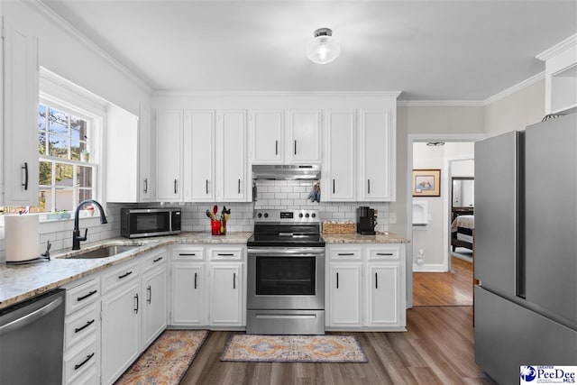 kitchen featuring under cabinet range hood, stainless steel appliances, ornamental molding, a sink, and white cabinetry