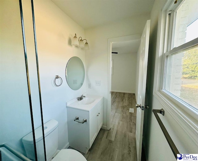 bathroom featuring hardwood / wood-style flooring, vanity, and toilet
