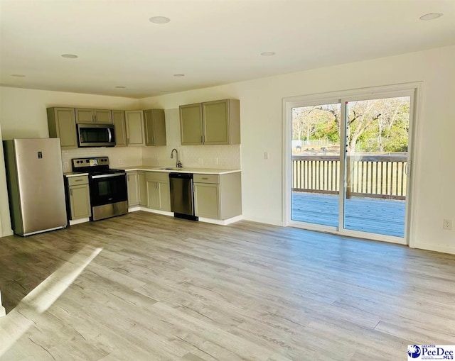 kitchen with sink, decorative backsplash, stainless steel appliances, and light wood-type flooring