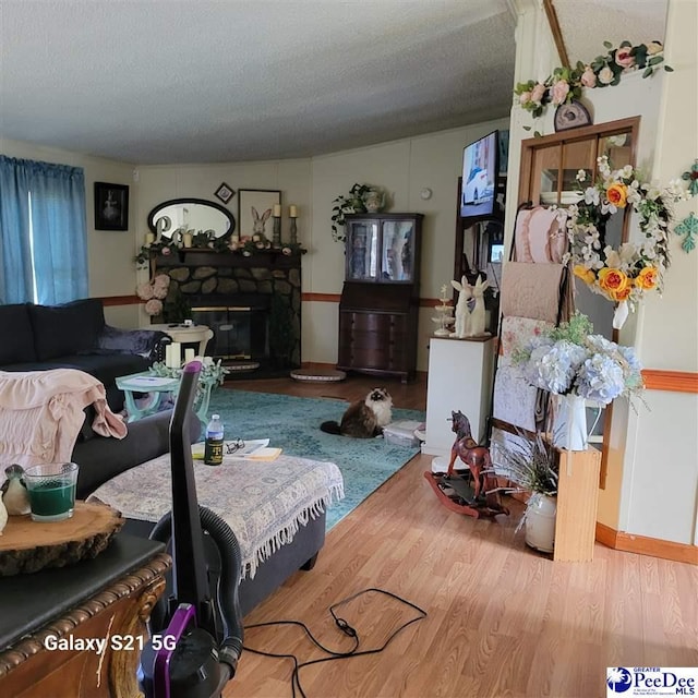2378 Nichols Ln 2374, 2376, Effingham, SC 29541 - living room featuring a textured ceiling, wood finished floors, and a fireplace