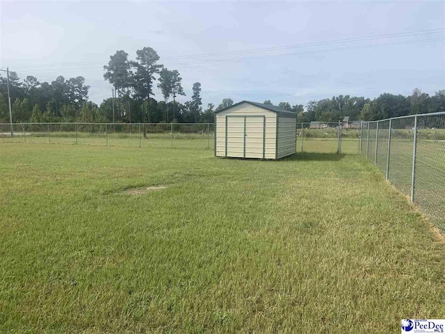 view of yard with a rural view and a shed