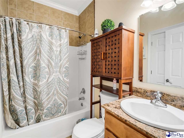 full bathroom with vanity, ornamental molding, toilet, and shower / tub combo with curtain