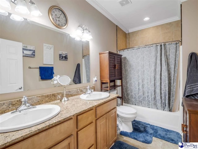 full bathroom featuring tile patterned floors, toilet, crown molding, shower / tub combo, and vanity