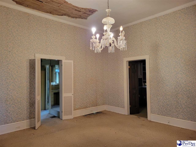 601 Cashua St, Darlington, SC 29532 - empty room featuring crown molding, carpet flooring, a chandelier, and wallpapered walls