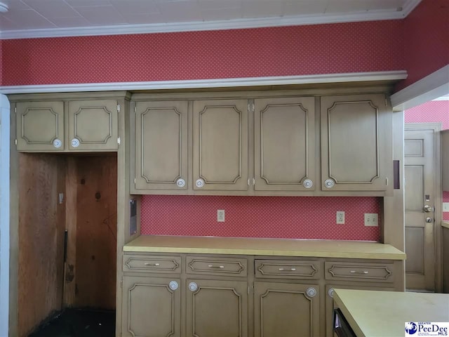 601 Cashua St, Darlington, SC 29532 - kitchen featuring light countertops, ornamental molding, and wallpapered walls