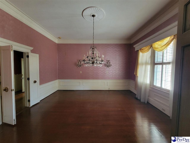 601 Cashua St, Darlington, SC 29532 - unfurnished dining area featuring crown molding, a chandelier, dark wood-style flooring, and wainscoting