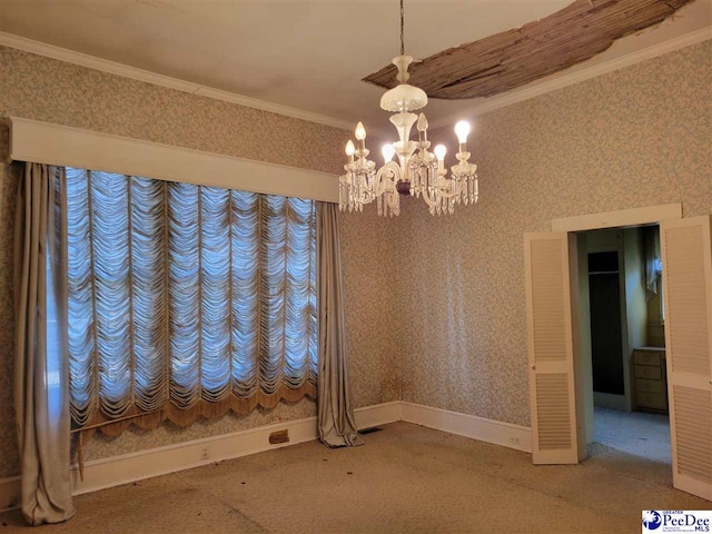 601 Cashua St, Darlington, SC 29532 - carpeted spare room with crown molding, a chandelier, and wallpapered walls