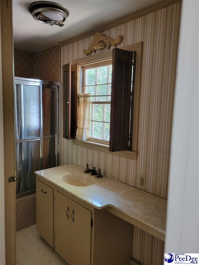 601 Cashua St, Darlington, SC 29532 - bathroom with combined bath / shower with glass door, vanity, and tile patterned floors