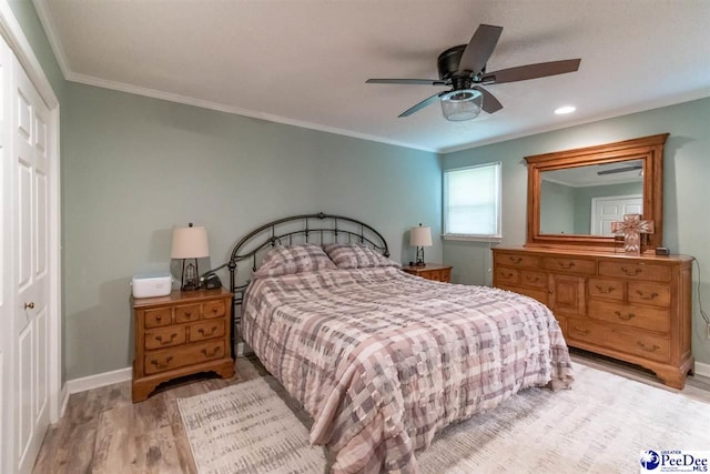 100 Warren Way, Cheraw, SC 29520 - bedroom featuring light wood-style flooring, baseboards, ornamental molding, ceiling fan, and recessed lighting