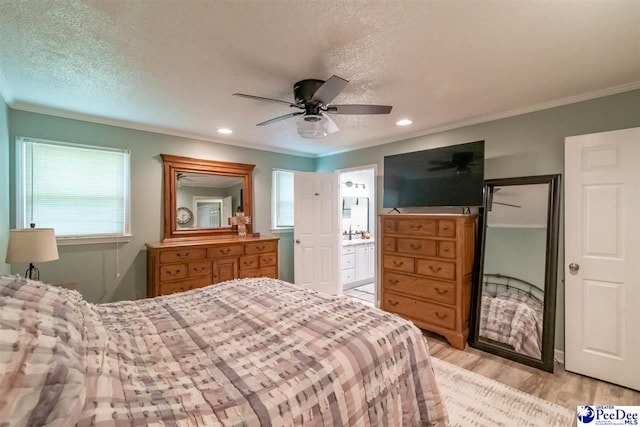 100 Warren Way, Cheraw, SC 29520 - bedroom featuring light wood finished floors, ornamental molding, a textured ceiling, ceiling fan, and recessed lighting