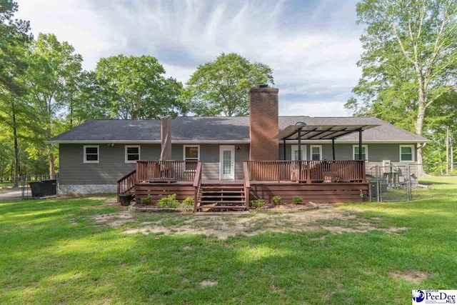100 Warren Way, Cheraw, SC 29520 - back of house with a chimney, a wooden deck, a pergola, and a gate