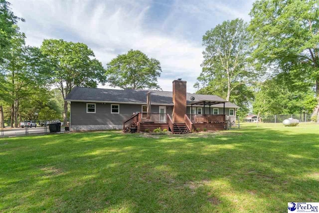 100 Warren Way, Cheraw, SC 29520 - back of house featuring a wooden deck, a chimney, and stairway