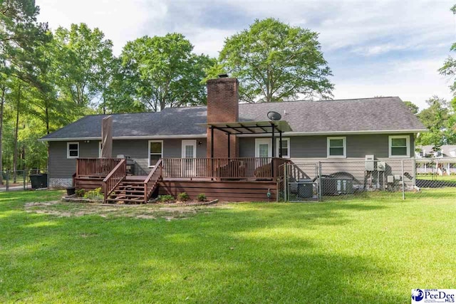 100 Warren Way, Cheraw, SC 29520 - back of property with a wooden deck, a chimney, and a pergola