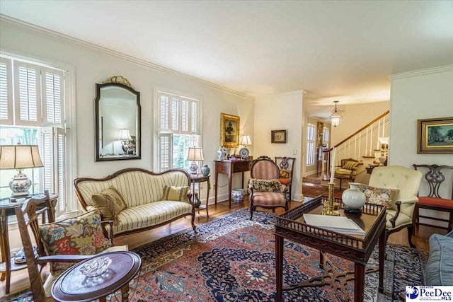 408 Oakdale Dr, Hartsville, SC 29550 - living room with crown molding and hardwood / wood-style floors