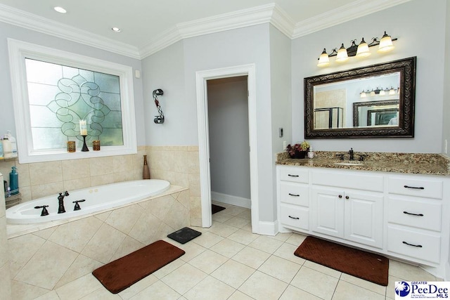 bathroom with tile patterned flooring, vanity, crown molding, and a relaxing tiled tub