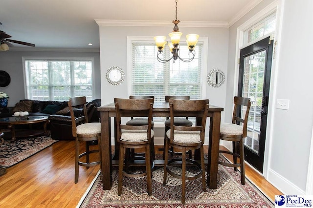dining room with ornamental molding, hardwood / wood-style floors, and plenty of natural light