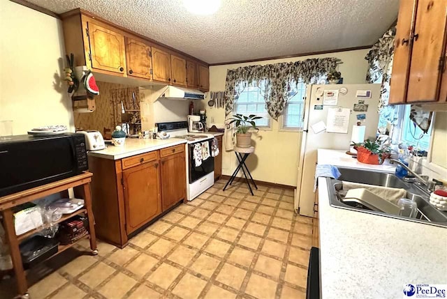 kitchen with crown molding, sink, electric range, and a textured ceiling