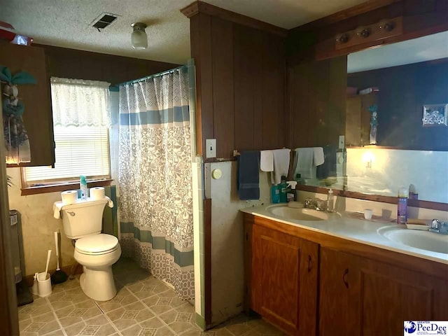 bathroom with vanity, toilet, a textured ceiling, and walk in shower