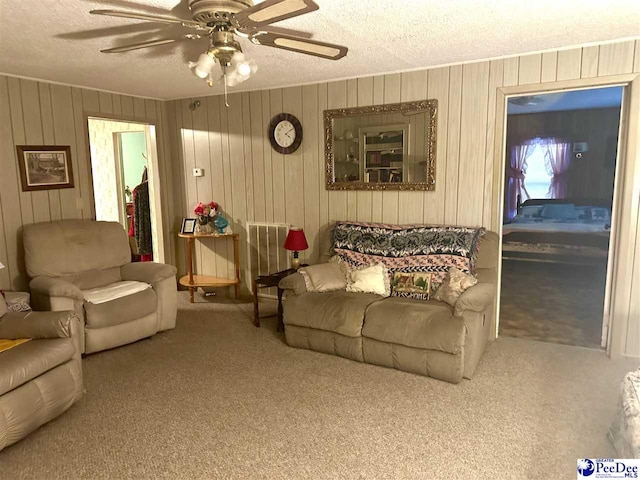 living room featuring ceiling fan, a textured ceiling, and carpet