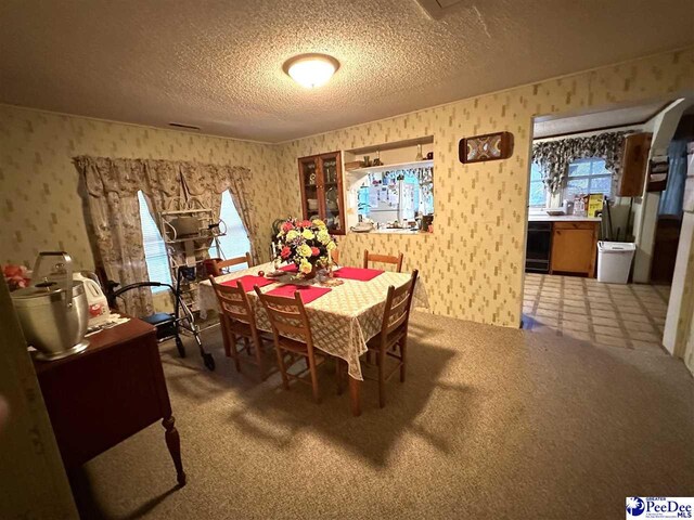 dining room featuring carpet flooring and a textured ceiling