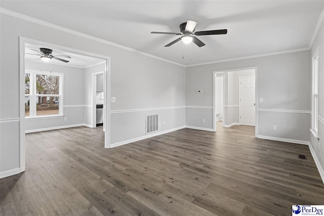 unfurnished room with ceiling fan, ornamental molding, and dark hardwood / wood-style floors