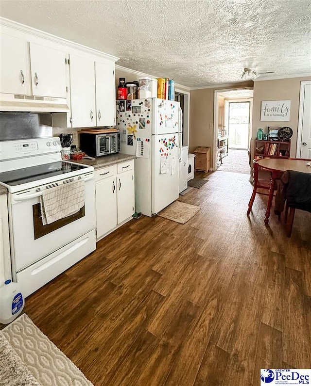 2526 Lester Rd, Dillon, SC 29536 - kitchen with white appliances, under cabinet range hood, dark wood-style flooring, a textured ceiling, and white cabinets