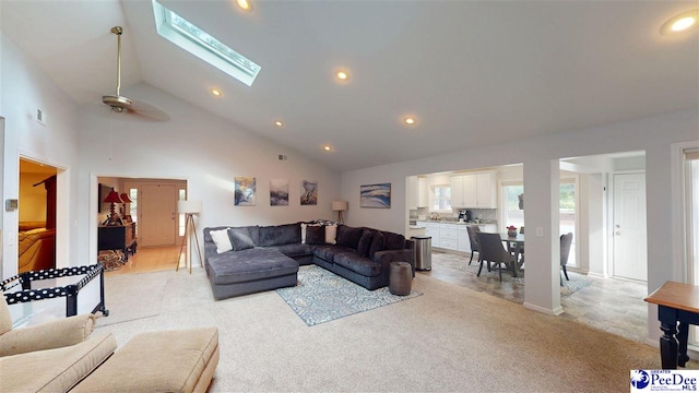 1103 Pine Lake Dr, Hartsville, SC 29550 - living area with light colored carpet, ceiling fan, high vaulted ceiling, and recessed lighting