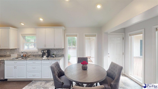 1103 Pine Lake Dr, Hartsville, SC 29550 - kitchen featuring a sink, tasteful backsplash, white cabinets, dishwasher, and recessed lighting