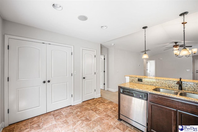 2141 Harbour Ln, Florence, SC 29505 - kitchen with dishwasher, a ceiling fan, dark brown cabinets, decorative light fixtures, and light stone countertops