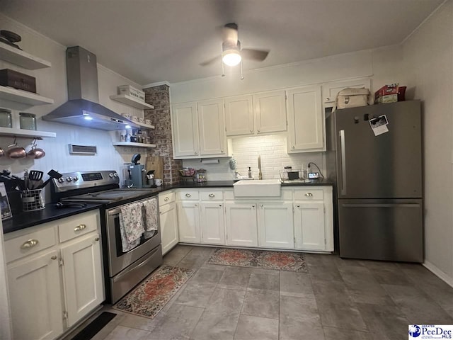 412 W Greene St, Cheraw, SC 29520 - kitchen with appliances with stainless steel finishes, open shelves, extractor fan, ceiling fan, and crown molding