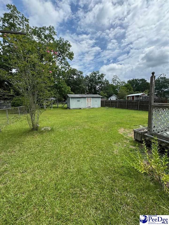 view of yard featuring a storage unit