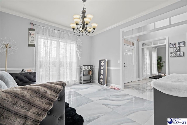 living area with baseboards, marble finish floor, a chandelier, and crown molding