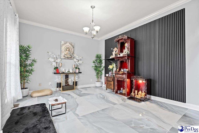 living area featuring baseboards, marble finish floor, an inviting chandelier, and ornamental molding