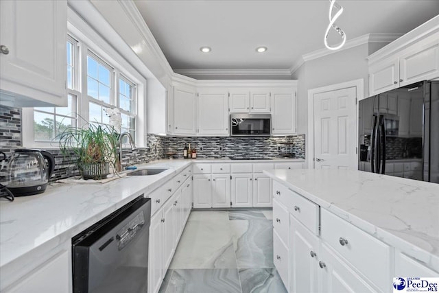 kitchen with marble finish floor, black appliances, white cabinets, and crown molding