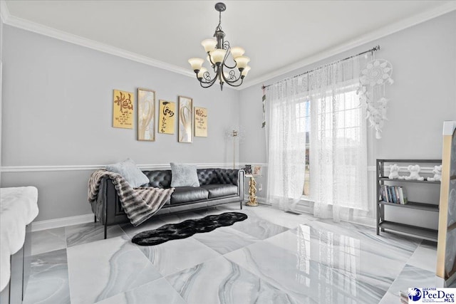 living room featuring marble finish floor, baseboards, crown molding, and an inviting chandelier