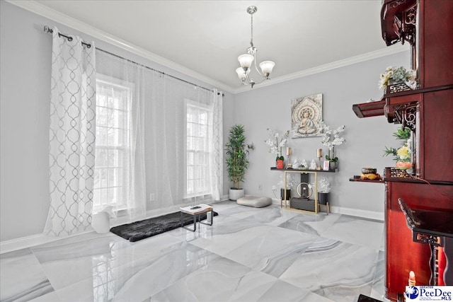 dining room featuring baseboards, marble finish floor, a chandelier, and crown molding