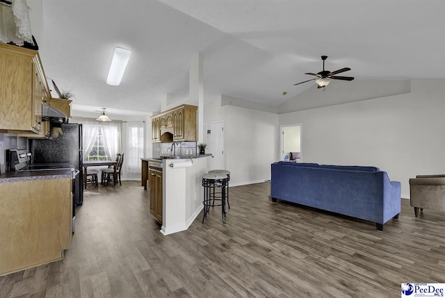 kitchen with dark countertops, open floor plan, dark wood finished floors, and a kitchen breakfast bar