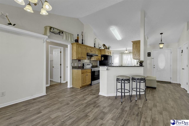 kitchen with electric range, dark countertops, freestanding refrigerator, vaulted ceiling, and under cabinet range hood