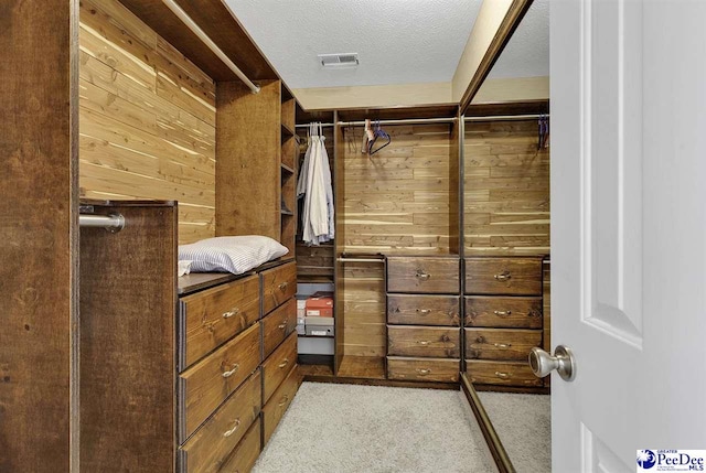 spacious closet featuring visible vents and light carpet