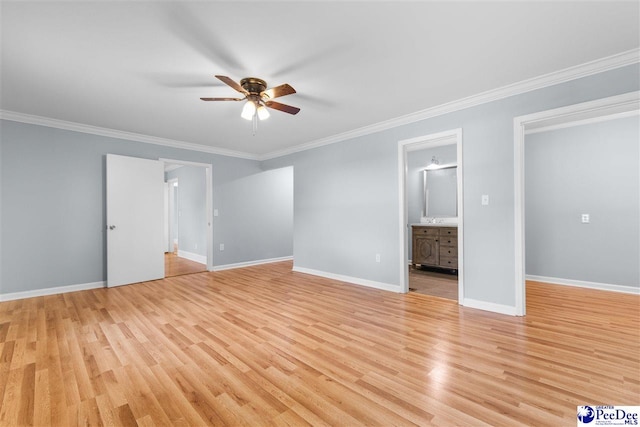 unfurnished bedroom featuring crown molding, connected bathroom, ceiling fan, and light hardwood / wood-style floors