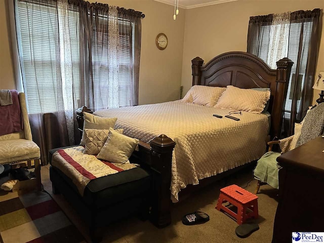 carpeted bedroom with crown molding and multiple windows