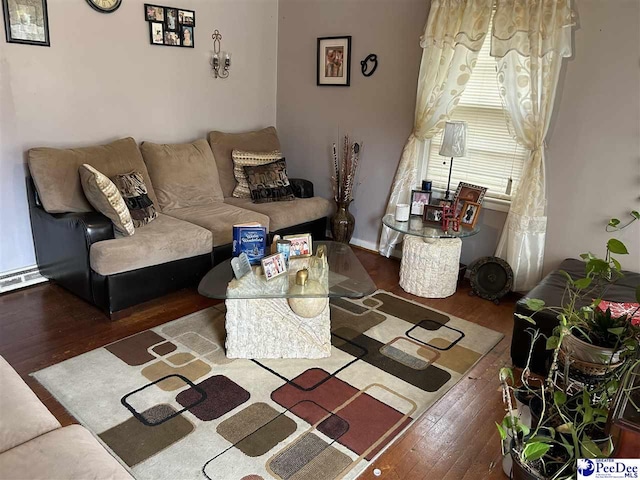 living area featuring baseboard heating and hardwood / wood-style flooring