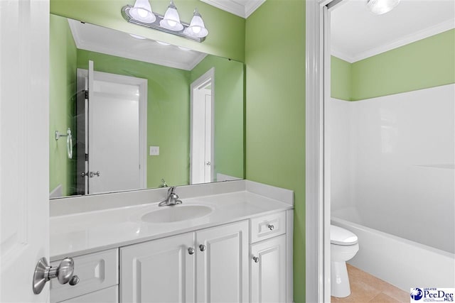 full bathroom featuring toilet, tile patterned floors, ornamental molding, and vanity