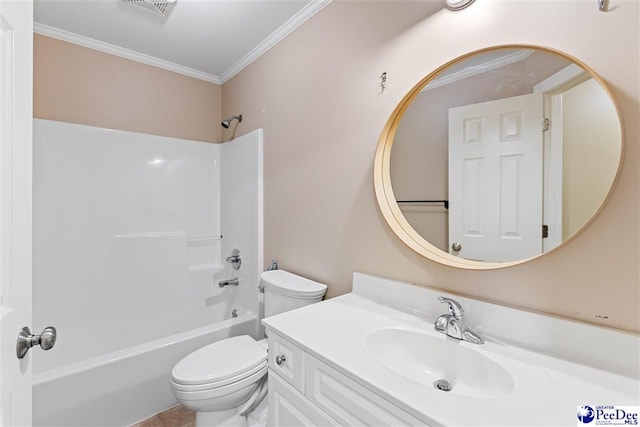 bathroom with shower / bath combination, visible vents, toilet, ornamental molding, and vanity