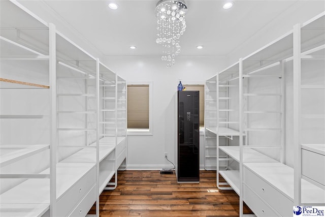 spacious closet with a chandelier and dark wood-style flooring