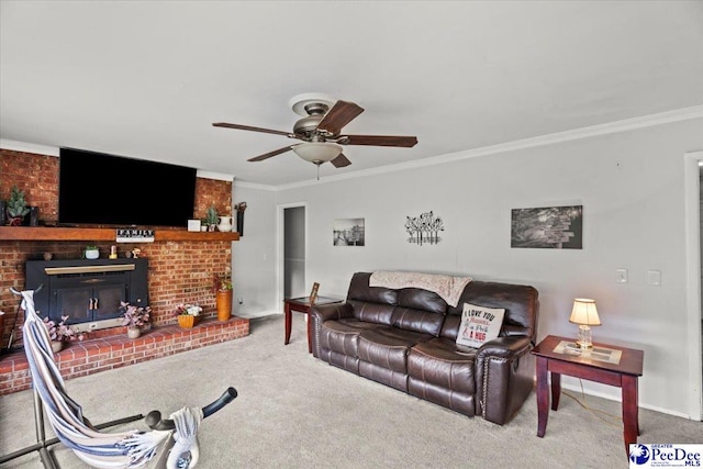 106 Min Lou Cir, Darlington, SC 29532 - carpeted living area featuring ceiling fan, crown molding, a brick fireplace, and baseboards